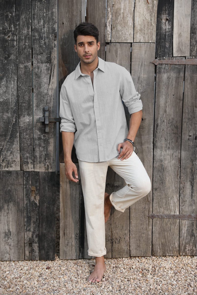 Runcati Mens Button Down Shirt Linen Cotton Shirts Casual Long Sleeve Spread Collar Lightweight Beach Plain Tops - Image 3